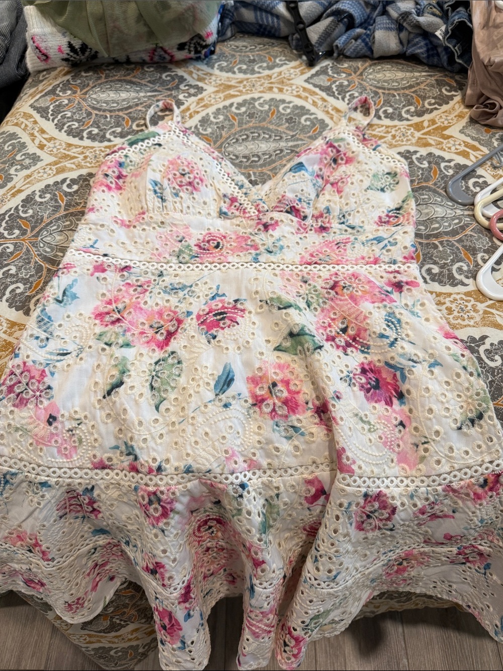 Floral Eyelet Spaghetti Strap Sundress - White with Pink & Blue Flowers